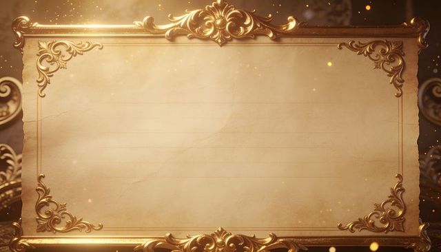 Ornate gold frame on aged parchment featuring rococo filigree and warm golden bokeh
