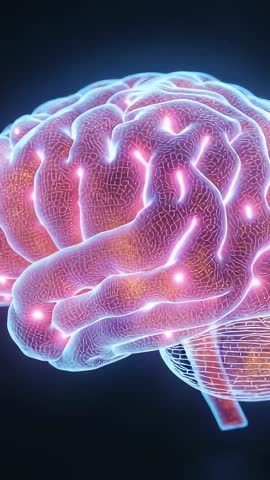 Vertical 3D Brain Visualization Panning Through Neural Mesh with Pulsing Synapse Mapping