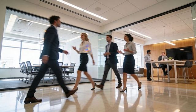 Business team walking through modern office corridor with glass conference room