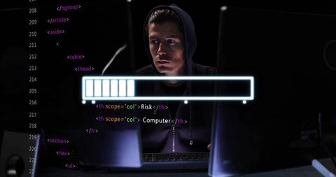Nocturnal cybersecurity coder at multi-screen workstation with progress bar overlay