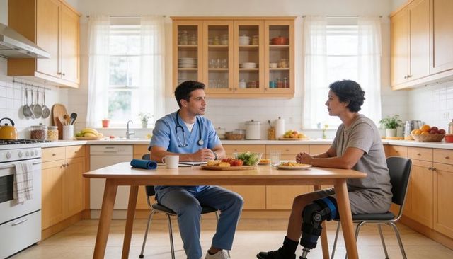 Doctor conducting home consultation with patient wearing knee brace at kitchen table
