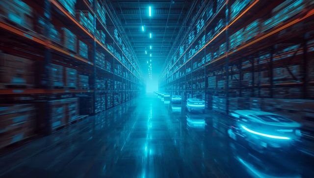 Futuristic autonomous vehicles in neon-lit high-tech warehouse