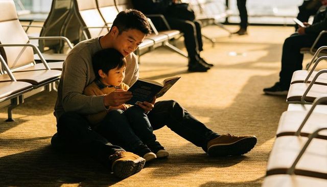 Father and son reading together on airport floor during golden hour, family travel moment