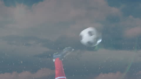 Dynamic Soccer Kick Through Rain Against Cloudy Sky