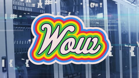 Vibrant Wow Sticker Overlay on Modern Server Room