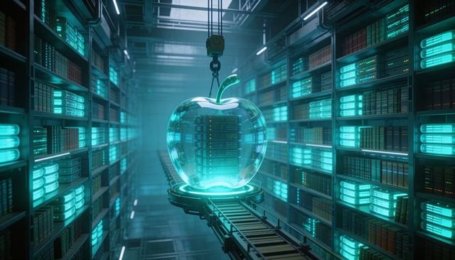 Moving transparent apple enclosure housing rack servers on conveyor in futuristic teal data hall