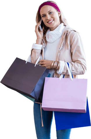 Smiling Young Woman Holding Shopping Bags on Phone Transparent Background