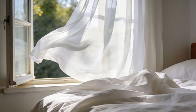 Sunlit bedroom billowing sheer curtain and rumpled white sheets evoking calm morning