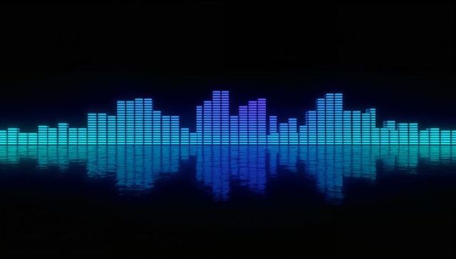 Glowing audio equalizer bars in reflective digital landscape