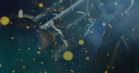 Concert crowd raising hands under stage lights with golden bokeh and energetic atmosphere