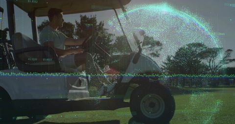 Driving golf cart on sunlit fairway with futuristic digital data overlay and silhouette
