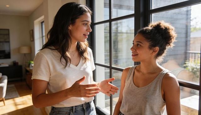 Sunlit conversation between two women by grid window in modern home, casual friendship