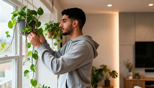 Young man wearing grey hoodie tending hanging pothos by sunlit window in modern living room