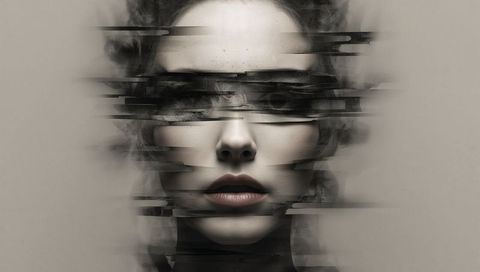 Surreal fragmented female portrait with horizontal glitch bands and soft film grain
