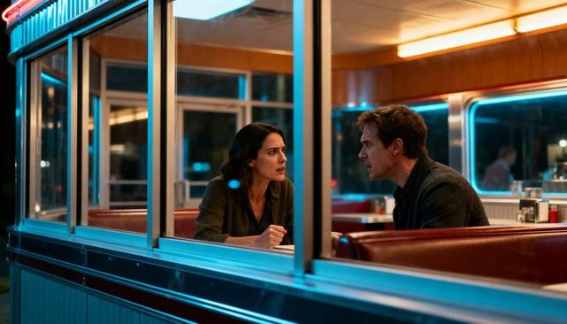 Couple exchanging intense late-night conversation in neon diner booth