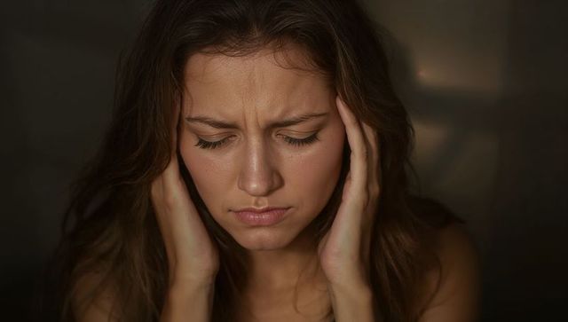 Young woman clutching temples in dim low-key portrait conveying headache and emotional stress