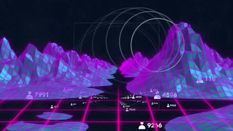 Futuristic Digital Landscape with Neon Grid and Data Visuals
