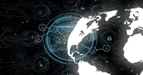 Cybersecurity Landscape with Earth Silhouette and Locks