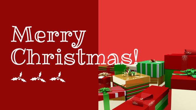 Horizontal image of white merry christmas text with holly sprigs design and wrapped gifts, on red. Christmas, seasonal greetings, tradition and celebration concept digitally generated image.