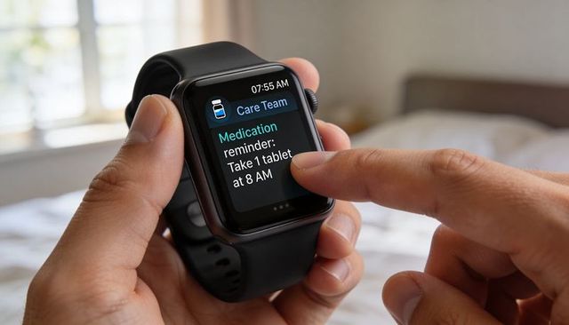 Holding smartwatch showing medication reminder on wearable health app, tapping to confirm