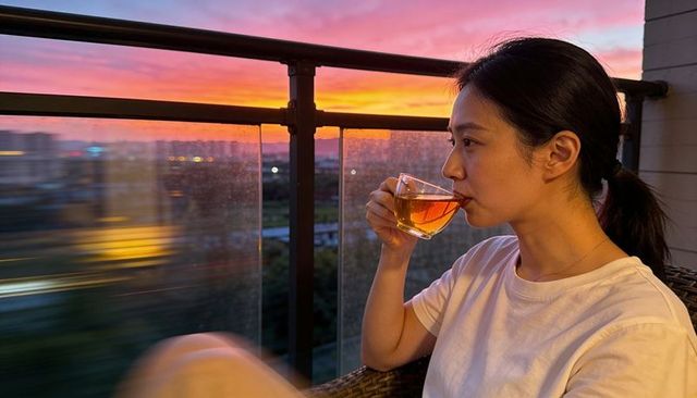 Asian woman sipping tea on balcony at vibrant sunset, contemplative outdoor lifestyle