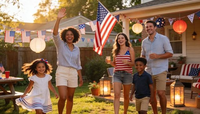 Diverse family celebrating fourth of july backyard party at sunset