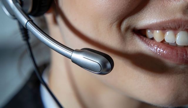 Call center agent speaking with headset close-up showing smile and microphone