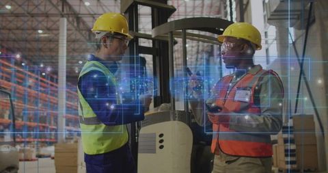 Warehouse team reviewing inventory with tablet and scanner, augmented hud for logistics