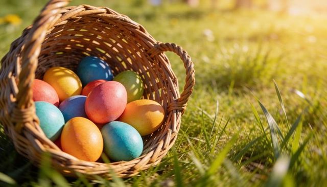 Sunlit wicker basket holding colorful dyed easter eggs on spring grass, warm golden glow