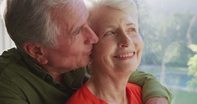 Senior couple embracing and smiling by window with sunlight streaming in. Perfect for use in advertisements, articles, and brochures focusing on love, aging, healthy relationships, or senior lifestyle.