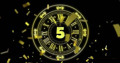 Golden Clock Strikes Midnight with Confetti Falling - Download Free Stock Images Pikwizard.com