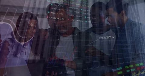 Business team analyzing market data on tablet with financial charts and analytics overlay