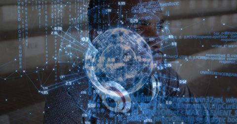 Teen student wearing glasses and headset viewing holographic globe with coding data overlay