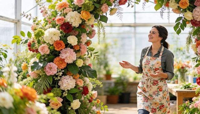 Florist arranging lush pastel floral arch inside sunlit greenhouse workshop, smiling