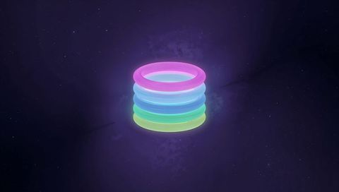 Stacked Glowing Neon Pool Rings Floating in Cosmic Purple Nebula