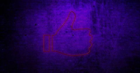 Neon Thumbs-Up Sign Glowing on Purple Brick Wall