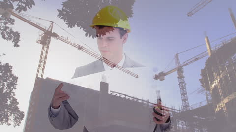 Architect Reviewing Blueprint with Construction Site in Background