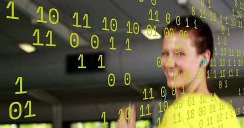 Smiling woman raising finger wearing wireless earbud with neon binary data overlay
