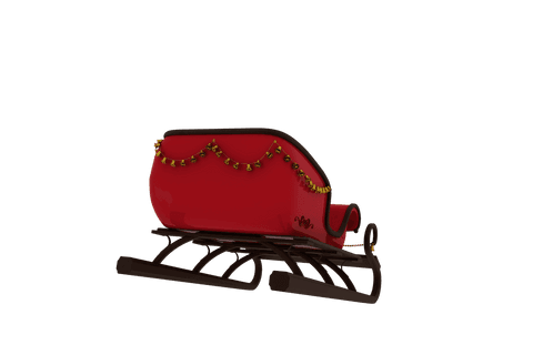 Decorative red sleigh with gold tinsel on transparent background