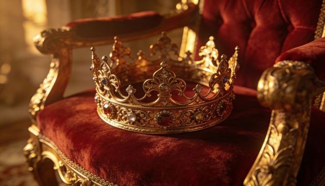 Gilded jeweled crown resting on red velvet throne with ornate gold armrests