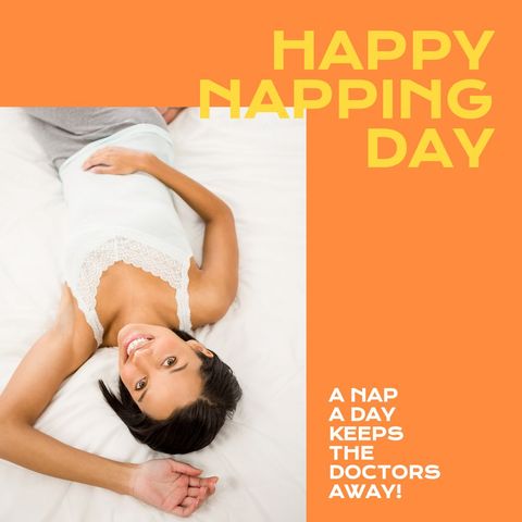 Happy Napping Day with Smiling Woman Lying on Bed