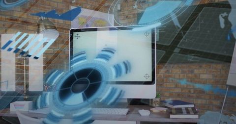 Futuristic AR HUD Projecting Over Desktop Monitor in Modern Brick-Wall Home Office