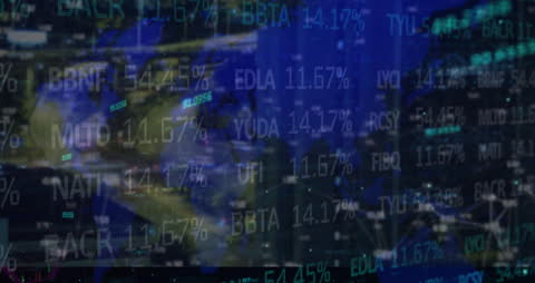 Global Finance Data Animation Over Cityscape