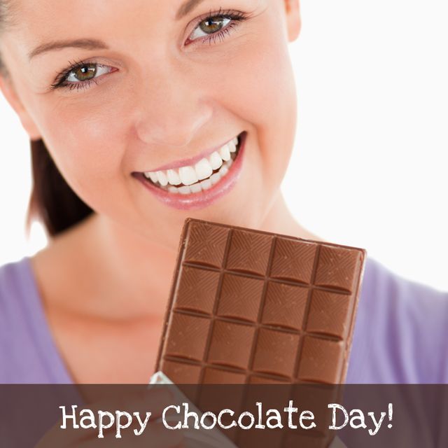 Joyful Woman Holding Chocolate Bar Celebrating Chocolate Day - Download Free Stock Templates Pikwizard.com