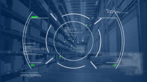Futuristic Warehouse with Digital Data Visualization in Focus