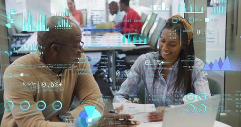 Collaborative Discussion in Modern Office with Digital Analytics Overlay