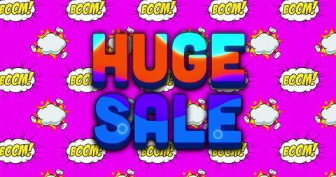 Bold Comic Style Huge Sale Announcement on Vibrant Purple Background