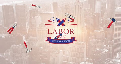 Labor day celebration concept with tools and cityscape background