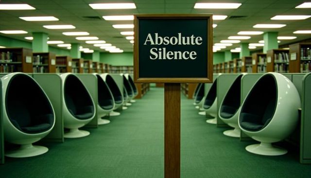 Library silence sign with retro egg pod chairs, symmetrical study rows, minimalist green interior