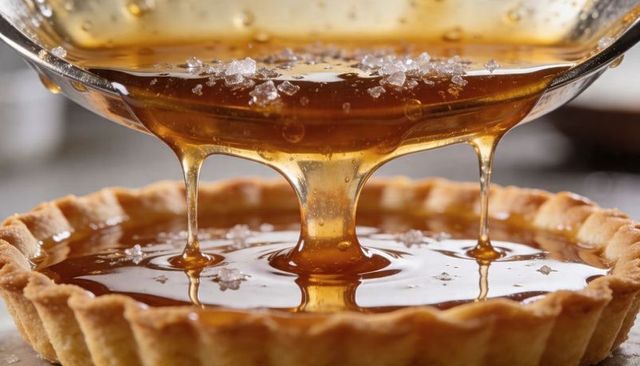 Caramel drizzling into salted butter tart shell with flaky sea salt crystals